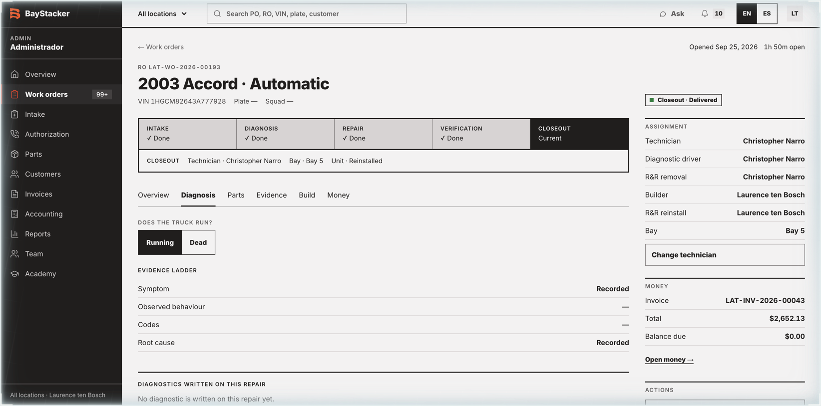 RO LAT-WO-2026-00193, Diagnosis tab: does the truck run — Running; evidence ladder with Symptom and Root cause marked Recorded, Observed behaviour and Codes still open.