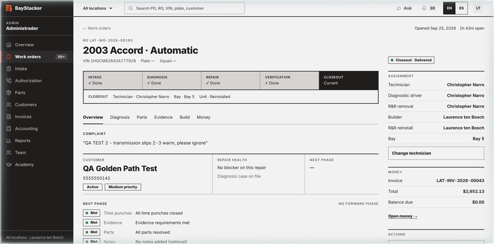 RO LAT-WO-2026-00193 overview: Intake, Diagnosis, Repair and Verification all marked Done, Closeout current, and a badge reading Closeout, Delivered.